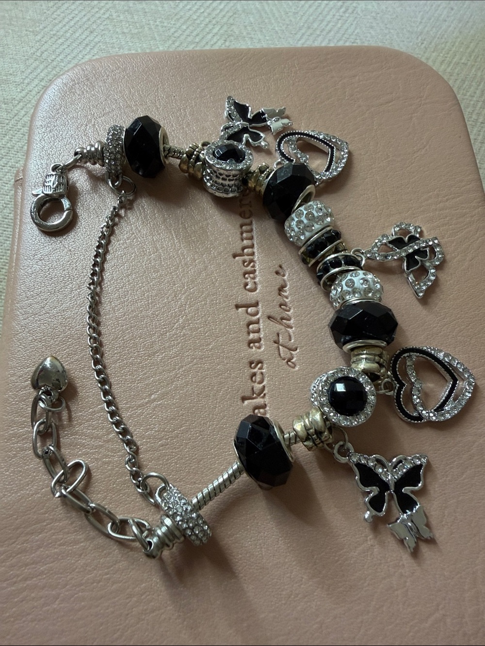 Stainless Silver-tone Black Bead Heart & Butterfly Charm Bracelet - Picture 8 of 10